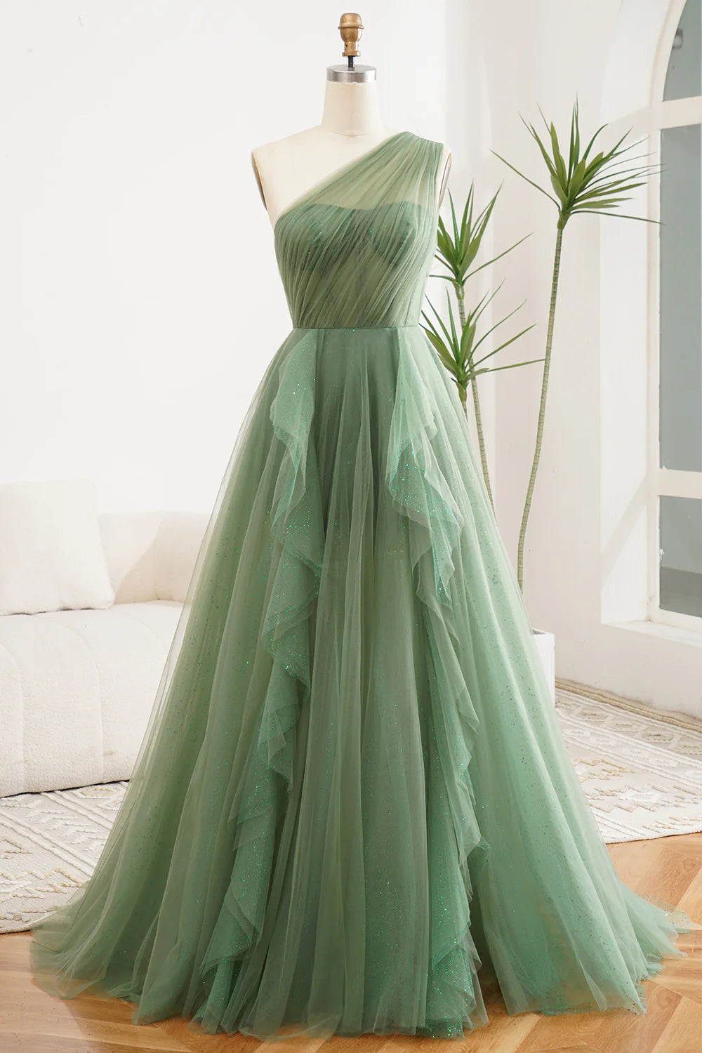 Abito lungo da ballo in chiffon monospalla blu navy a linea A